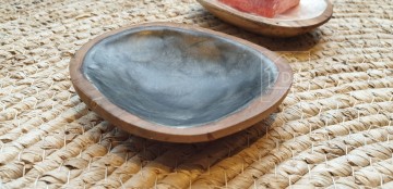 Schaal hout met ingelegde schelp capiz, antraciet